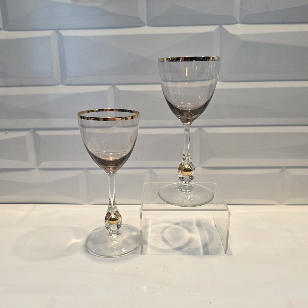 Vintage 1950s Jozef Stanik Purple & Gold Blown Czech Glass Glasses Set Of 2